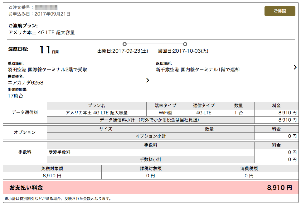 グローバルWiFi 明細