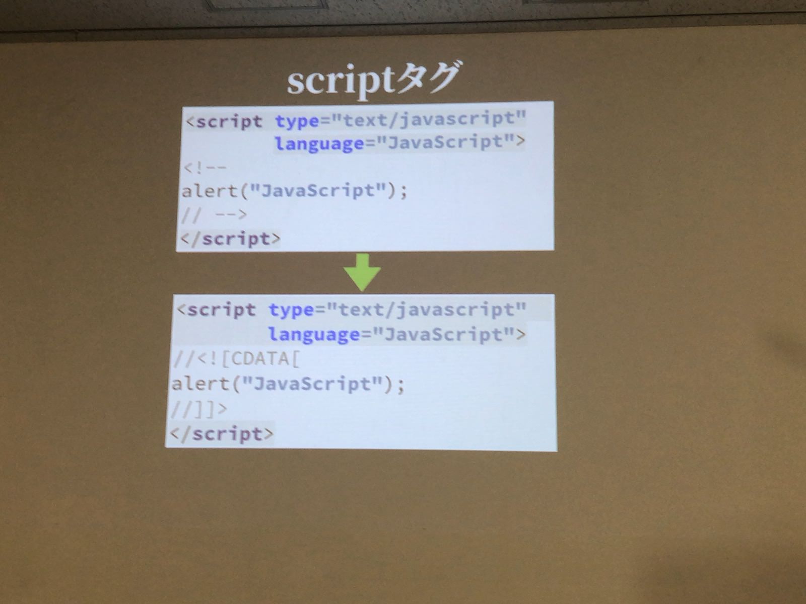 CDATAを使用したscriptタグのコード例