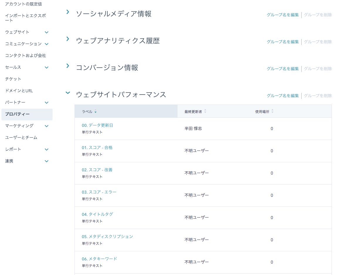 「ウェブサイトパフォーマンス」グループのプロパティー一覧